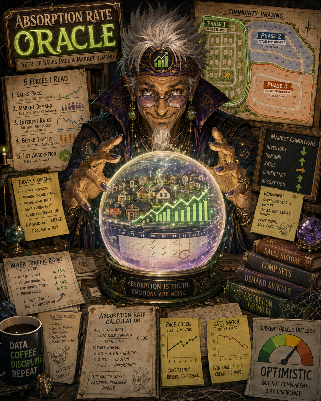 Absorption Rate Oracle reading market demand from a glowing crystal ball
