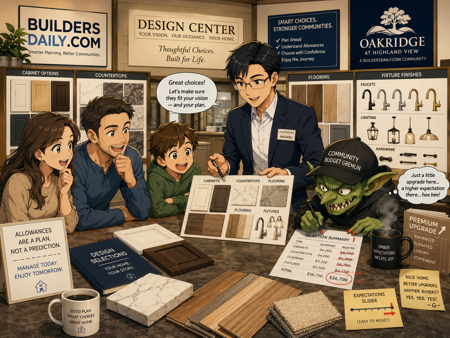 Design center selections where the Budget Gremlin adjusts options, upgrades, and buyer expectations