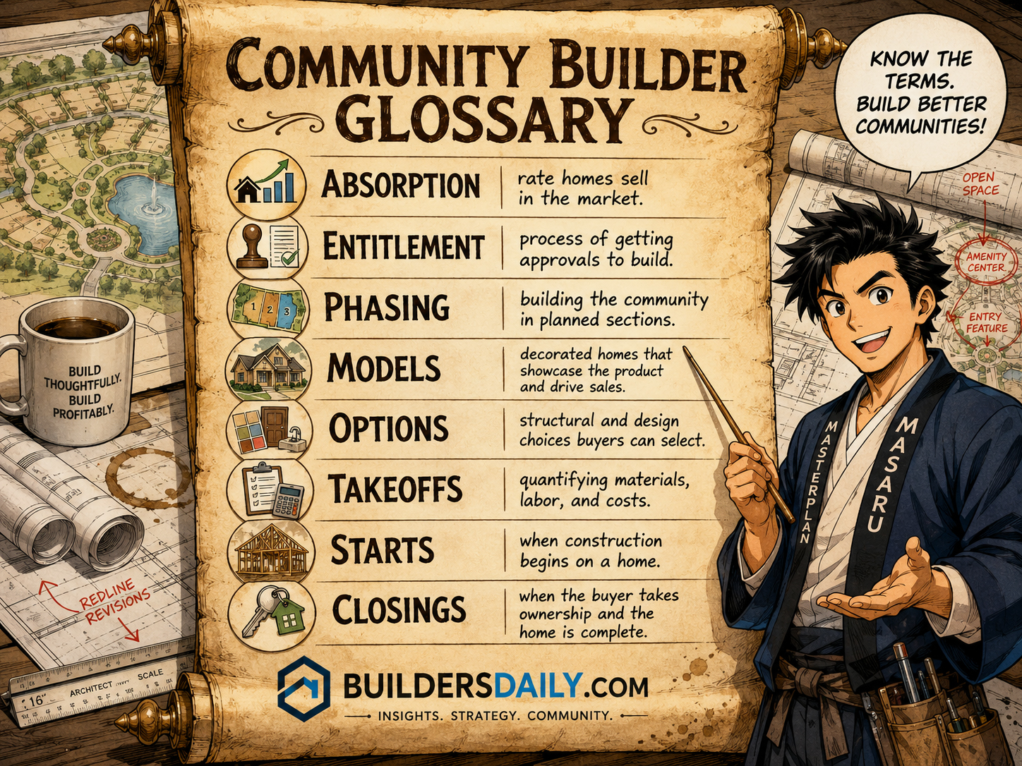 Manga glossary scroll explaining absorption, entitlement, phasing, models, options, takeoffs, starts, and closings