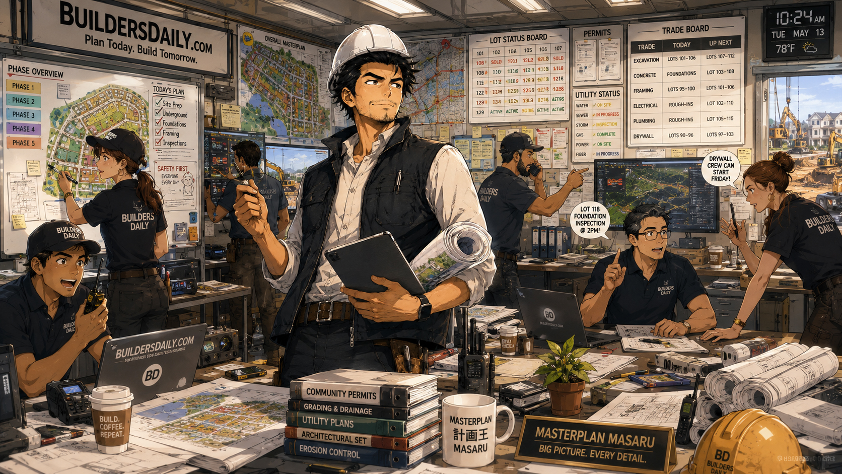Busy trailer command center with schedules, maps, phones, permits, trade boards, and coffee everywhere