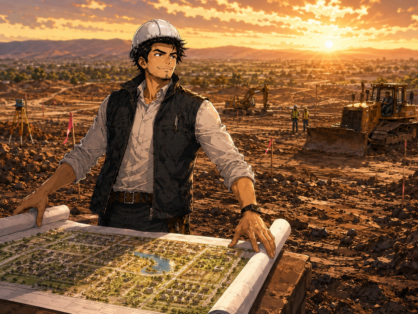 Masaru arrives at a raw land site and unrolls the master plan