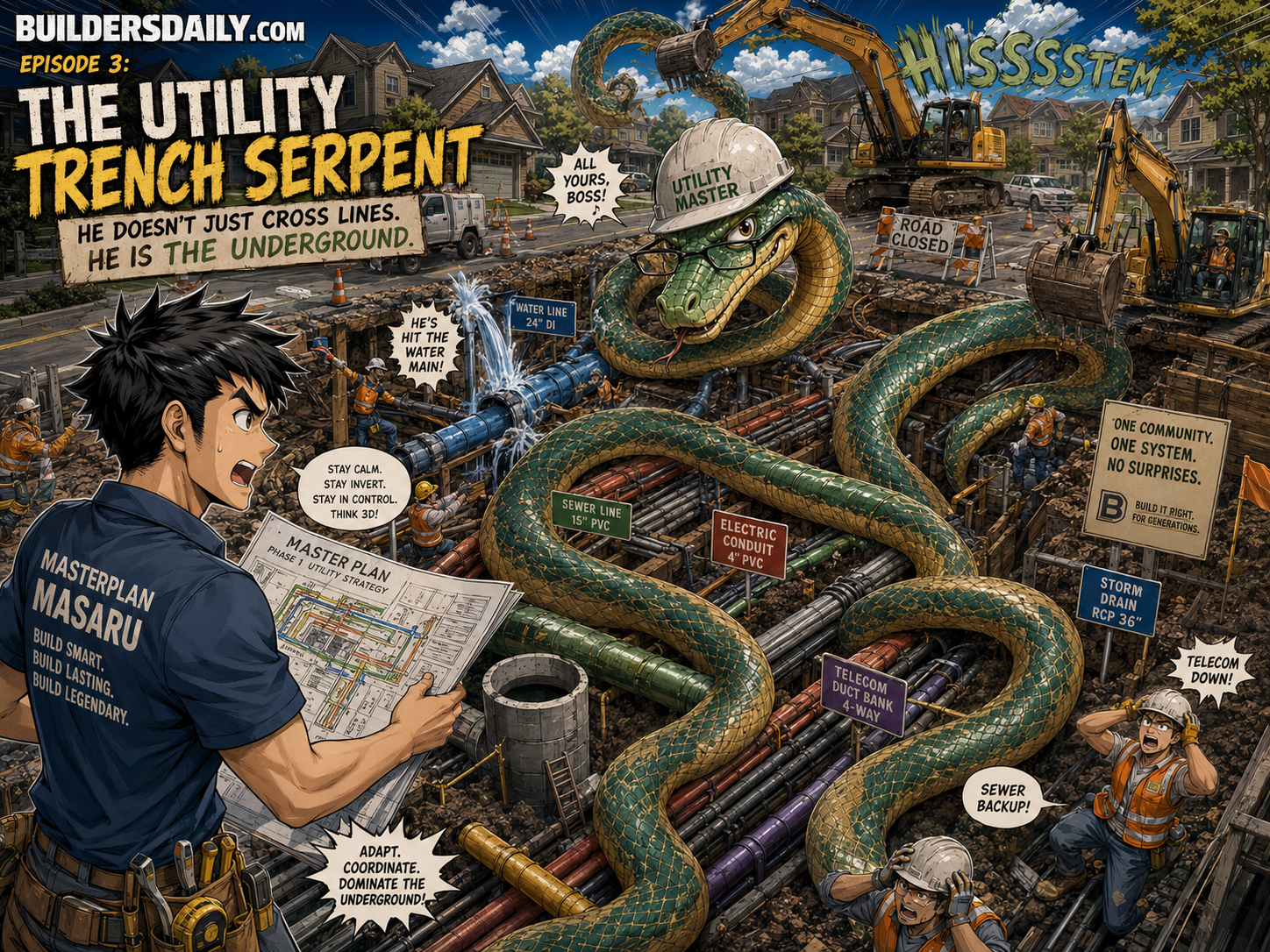 Utility Trench Serpent wraps around water, sewer, power, telecom, and street crossings