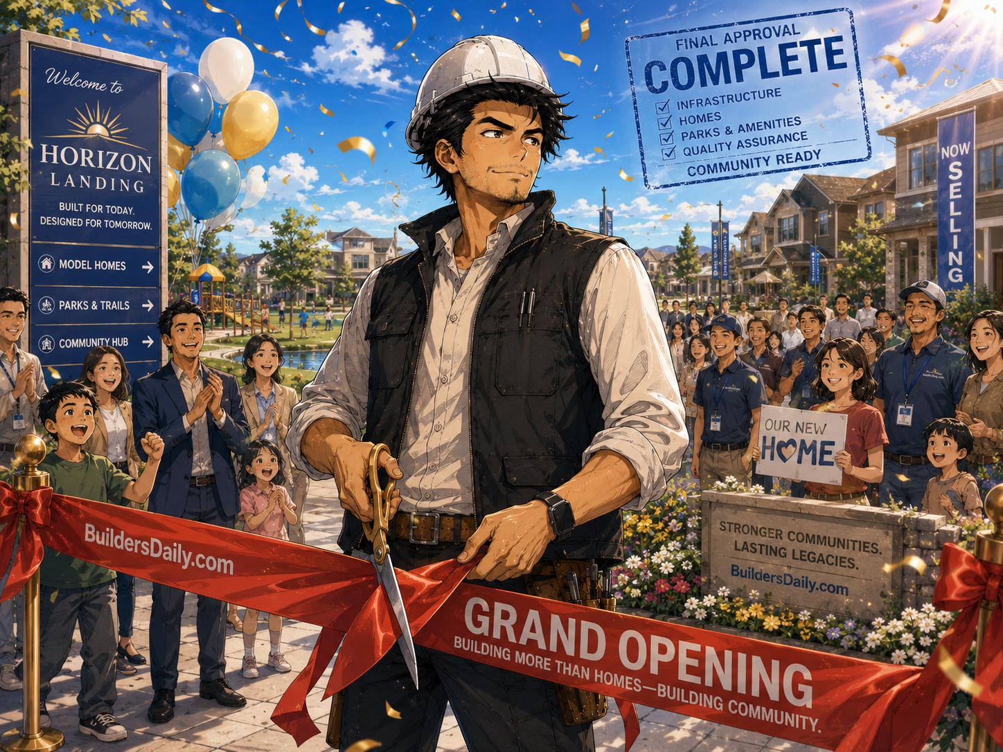 Masaru celebrates the community grand opening after roads, models, homes, parks, and final approvals