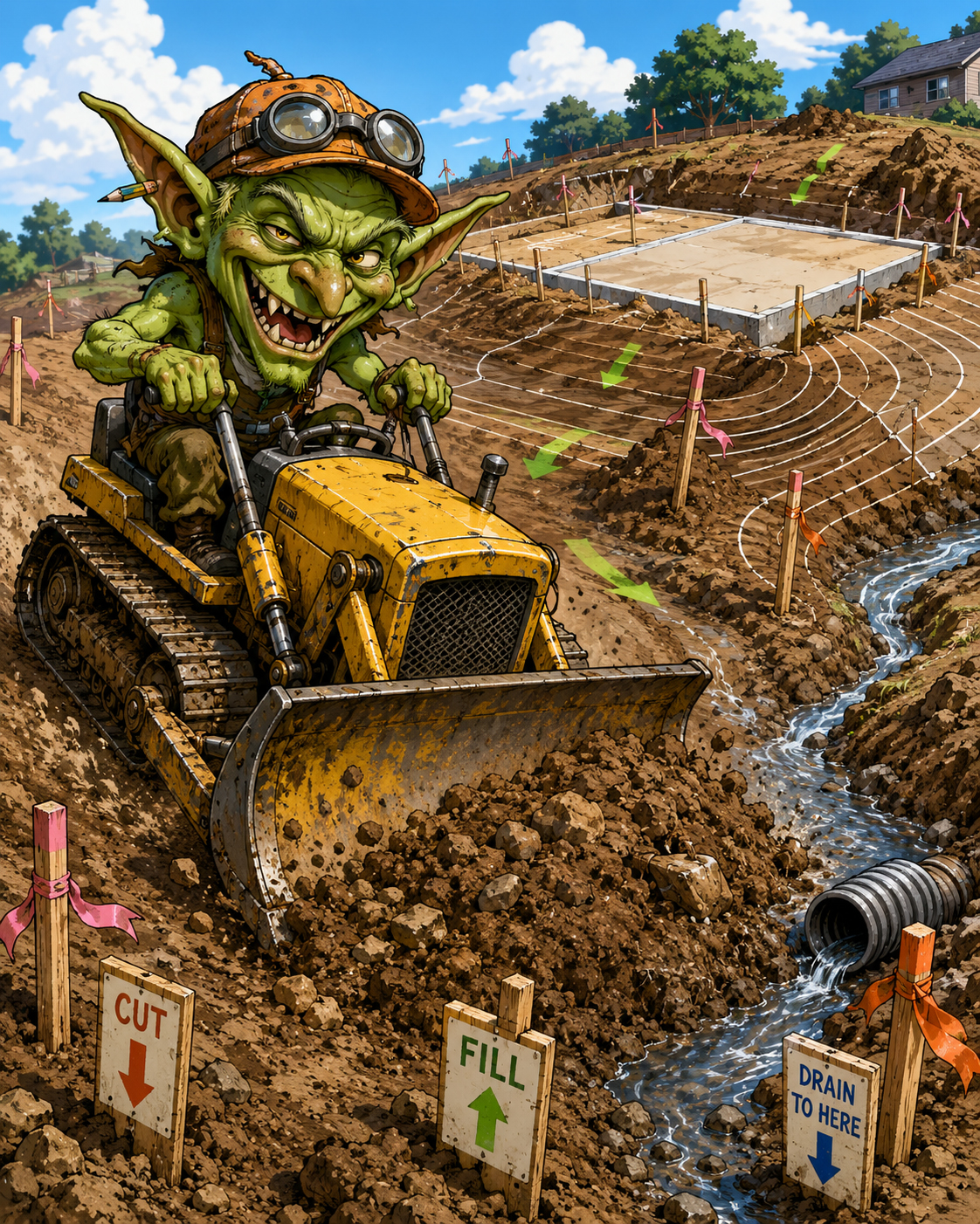 Earthmoving goblin riding a tiny bulldozer, changing pads, slopes, drainage, and dirt quantities