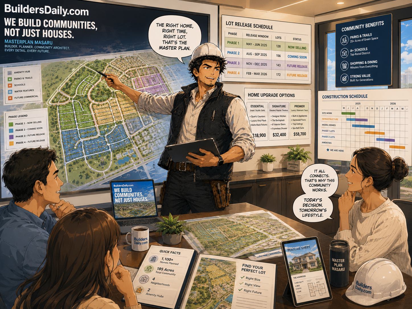 Masaru explaining lots, phases, upgrades, and schedules to a buyer or sales team
