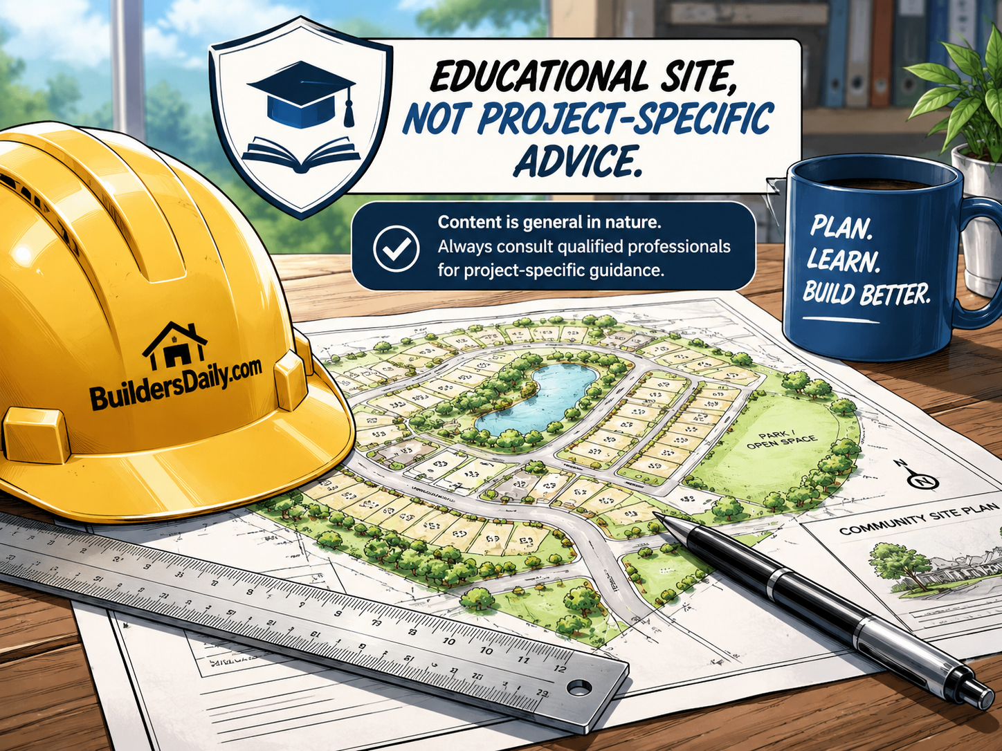 Hard hat, site plan, ruler, and educational site disclaimer visual