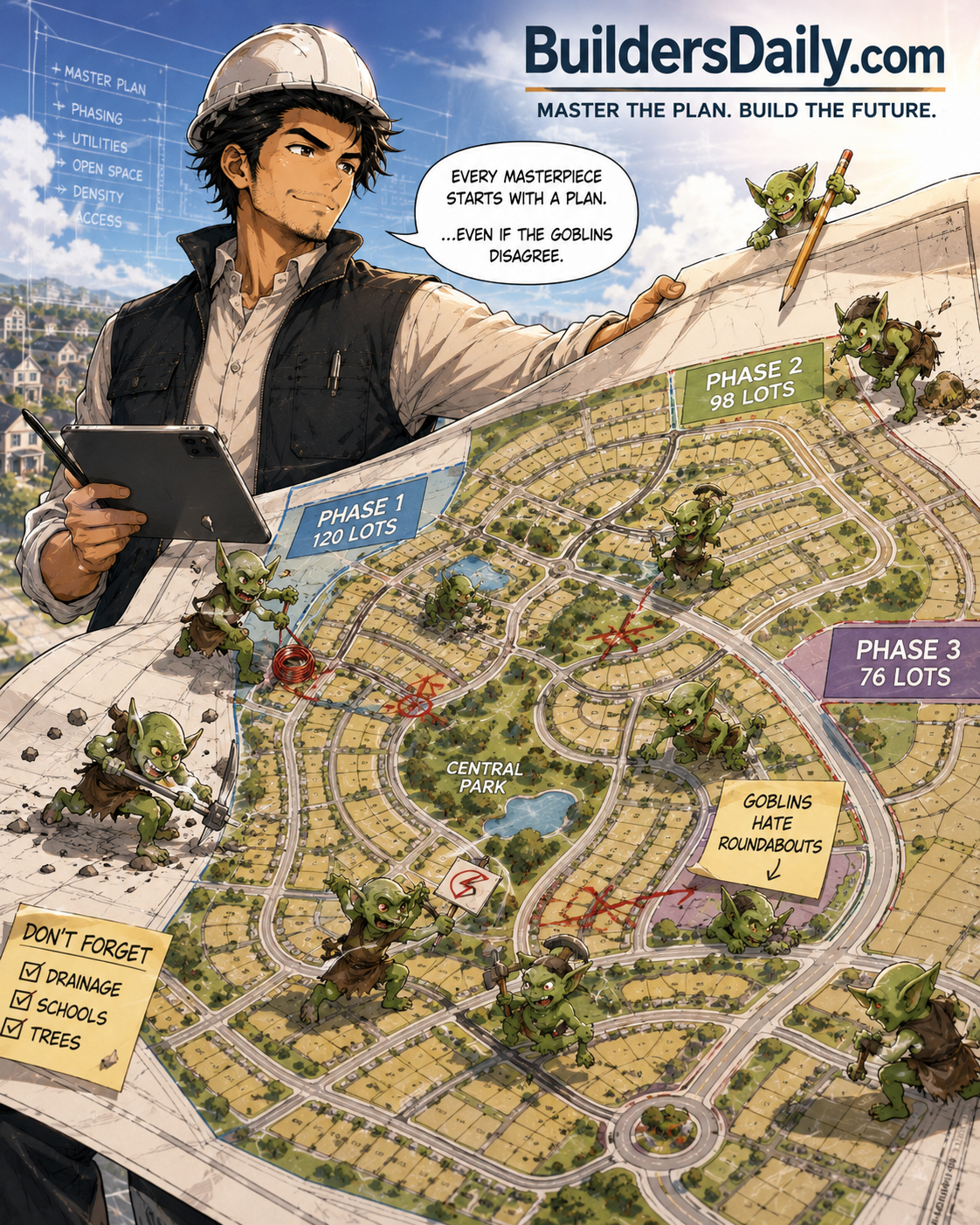 Masterplan Masaru holding a giant subdivision map while tiny planning goblins climb over the lots