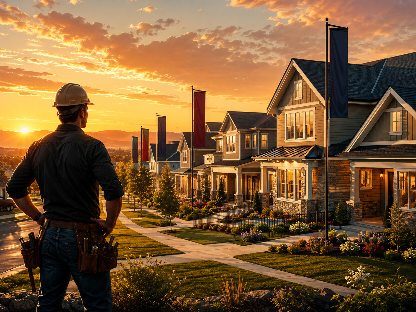 Beautiful row of model homes at sunset with flags, landscaping, and a heroic builder silhouette