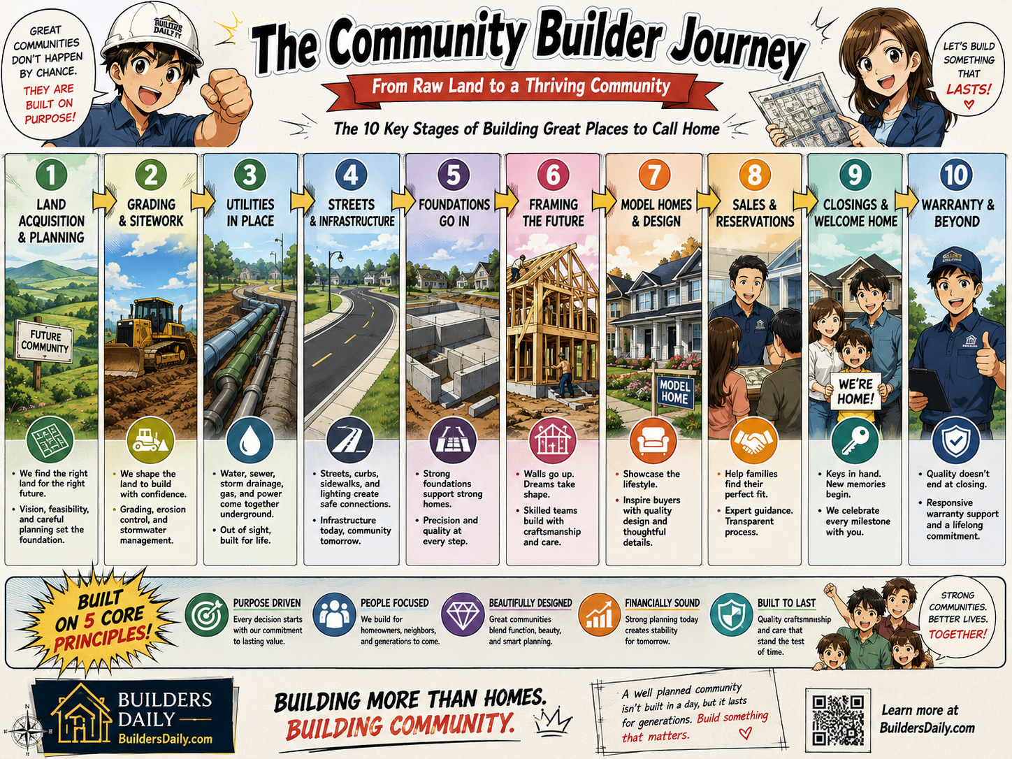 Timeline showing land, grading, utilities, streets, foundations, framing, models, sales, closings, and warranty