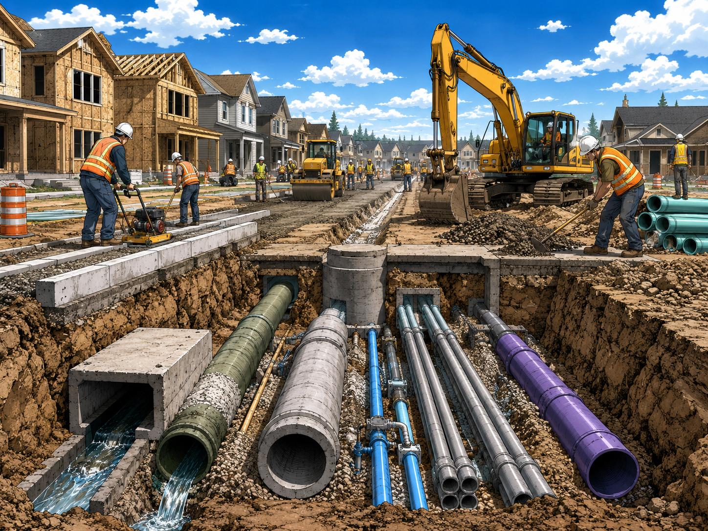 Roads, trenches, conduit, water lines, sewer, storm drains, and utility crews building the hidden backbone of the neighborhood